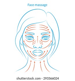 Vector illustration: hand drawn blue scheme face massage demonstrated on beautiful afro american woman