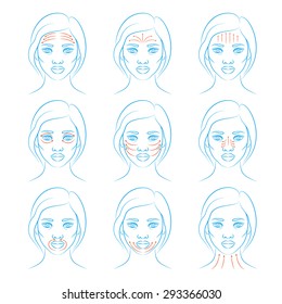 Vector illustration: hand drawn blue scheme face massage set demonstrated on beautiful afro american woman