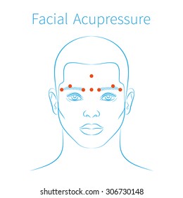 Vector illustration: hand drawn blue scheme facial acupressure face massage demonstrated on handsome European man