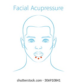 Vector illustration: hand drawn blue scheme facial acupressure face massage demonstrated on handsome European man