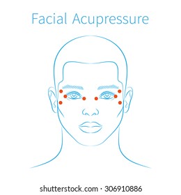 Vector Illustration: Hand Drawn Blue Scheme Facial Acupressure Face Massage Demonstrated On Handsome European Man