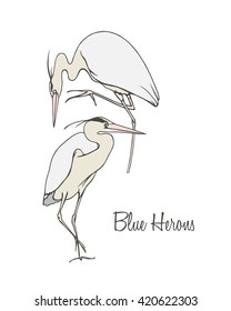 Vector illustration of hand drawn blue herons. Beautiful ink drawing