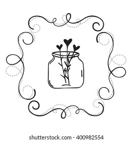 Vector illustration of hand drawn border. Doodle frame with hearts. Isolated on white background. Can be used for wedding and birthday invitation.