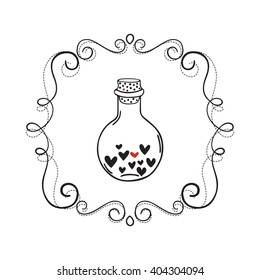 Vector illustration of hand drawn border. Doodle frame and jar with hearts. Isolated on white background. Can be used for wedding and birthday invitation.