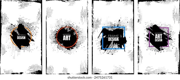 Vector illustration. Hand drawn borders, brush strokes elements. Messy ink design for invitation, flyer, coupon, leaflet, voucher. Halftone dotted retro background collection with geometric frame