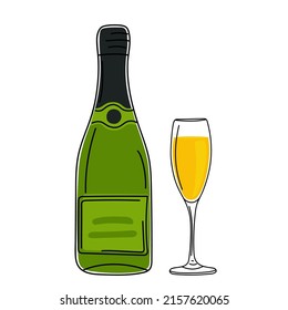 Vector illustration of a hand drawn bottle of champagne and wine glass isolated on a white background.