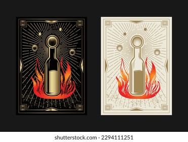 Ilustración vectorial con botella extraída a mano y fuego sobre negro y fondo. Diseño de tarjetas premium.