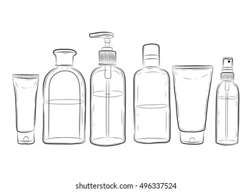 vector illustration of hand drawn bottles for cosmetics. EPS