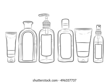 Vector Illustration Of Hand Drawn Bottles For Cosmetics. EPS