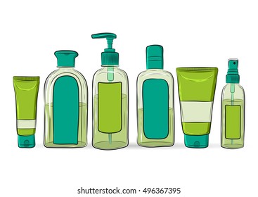 vector illustration of hand drawn bottles for cosmetics. EPS