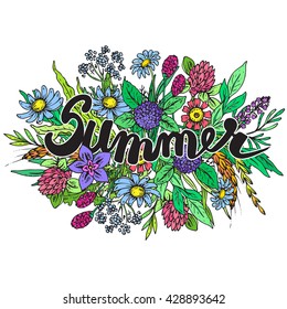 Vector illustration of hand drawn bouquet of wildflowers and herbs and hand lettering word summer on white background. Vector graphic for print and invitation card.