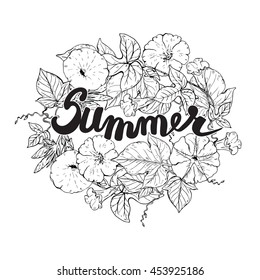 Vector illustration. Hand drawn bouquet of bindweed flowers and hand lettering word summer on white background. Black and white graphic for print, coloring book, invitation card.