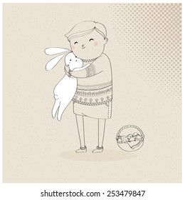 Vector illustration of a hand drawn boy with an Easter rabbit and a basket of eggs, in doodle, sketch style