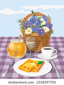 Ilustración vectorial del desayuno con café, gofres, cesta de flores y miel 