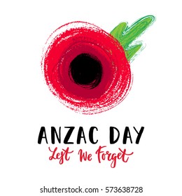 Vector illustration of a hand drawn bright poppy flower. Remembrance day symbol. Lest we forget lettering. Anzac day lettering.