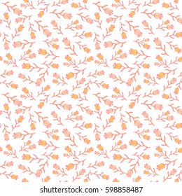 Vector illustration. Hand drawn bright seamless floral pattern with pretty flowers in yellow, red and beige colors on a white. Elegant retro ornament for fabric, textile, wallpaper, wrapping.