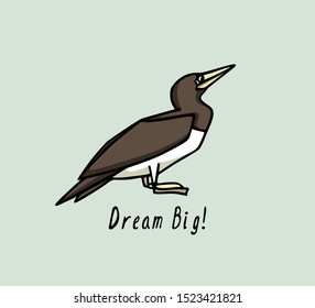 Vector illustration of hand drawn Brown Booby dreaming big. Ink drawing, beautiful animal and nautical design elements.
