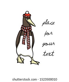 Vector illustration of hand drawn Brown Booby wearing knitted scarf and hat. Ink drawing, beautiful animal and nautical design elements.