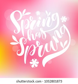 Vector illustration of hand drawn brush lettering quote Spring Has Sprung on bright blurred background for card, print, poster, blog, banner, social media design