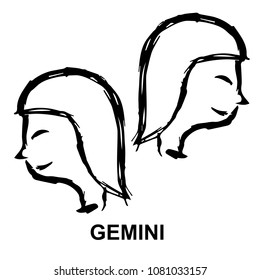 Vector Illustration Hand Drawn Brush of Zodiac Sign Gemini. Flat Line Icon, Sign, Symbol, Graphic Design Outline Silhouette EPS10.
