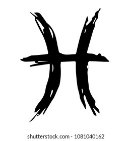 Vector Illustration Hand Drawn Brush of Zodiac Sign Pisces. Flat Line Icon, Sign, Symbol, Graphic Design Outline Silhouette EPS10.