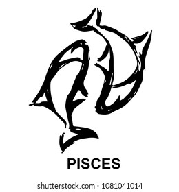 Vector Illustration Hand Drawn Brush of Zodiac Sign Pisces. Flat Line Icon, Sign, Symbol, Graphic Design Outline Silhouette EPS10.