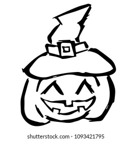 Vector Illustration Hand Drawn Brush of Halloween Pumpkin with Witch Hat. Flat, Icon, Sign, Logo, Symbol, Object, Graphic Design, Element, Background, Print.