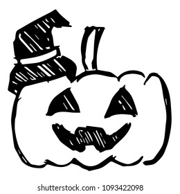 Vector Illustration Hand Drawn Brush of Halloween Pumpkin with Witch Hat. Flat, Icon, Sign, Logo, Symbol, Object, Graphic Design, Element, Background, Print.