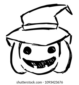 Vector Illustration Hand Drawn Brush of Halloween Pumpkin with Witch Hat. Flat, Icon, Sign, Logo, Symbol, Object, Graphic Design, Element, Background, Print.