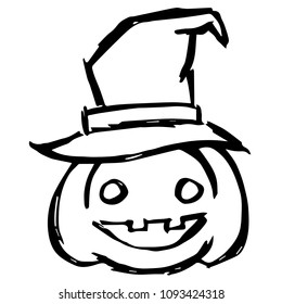 Vector Illustration Hand Drawn Brush of Halloween Pumpkin with Witch Hat. Flat, Icon, Sign, Logo, Symbol, Object, Graphic Design, Element, Background, Print.