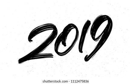 Vector illustration: Hand drawn brush ink lettering of 2019. Happy New Year. Chines calligraphy