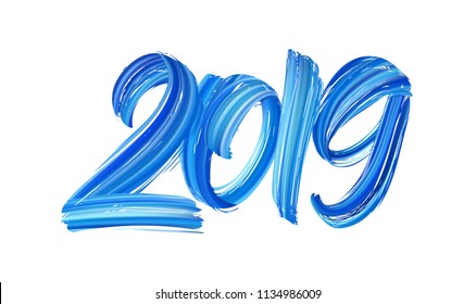 Vector illustration: Hand drawn brush stroke blue paint lettering of 2019. Happy New Year 