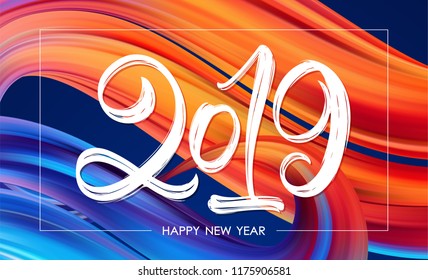 Vector illustration: Hand drawn brush stroke lettering of 2019 on adstract background. Happy New Year 