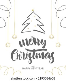 Vector illustration: Hand drawn brush type lettering of Merry Christmas with Christmas tree and decoration on white background.