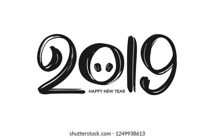 Vector illustration: Hand drawn brush number of 2019. Happy New Year of Pig