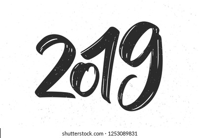 Vector illustration: Hand drawn brush textured type lettering of 2019. Happy New Year. Chines calligraphy