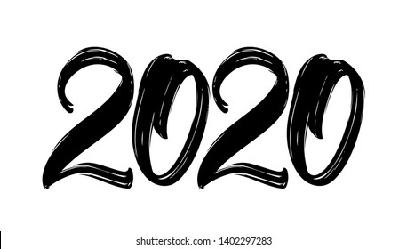 Vector illustration: Hand drawn brush lettering numbers of 2020. Happy New Year. Chines calligraphy