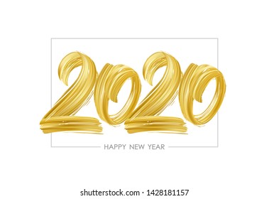 Vector illustration: Hand drawn brush stroke golden paint lettering of 2020. Happy New Year 