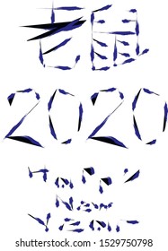 Vector illustration: Hand drawn brush lettering of 2020. Happy New Year. The word rat is written in Chinese characters