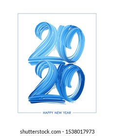 Vector illustration: Hand drawn brush stroke blue paint lettering of 2020. Happy New Year 