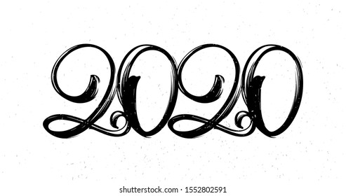 Vector illustration: Hand drawn brush  lettering of number 2020. Happy New Year. 