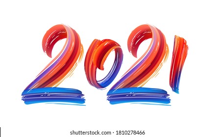 Vector illustration: Hand drawn brush stroke color paint lettering of 2021. Happy New Year 
