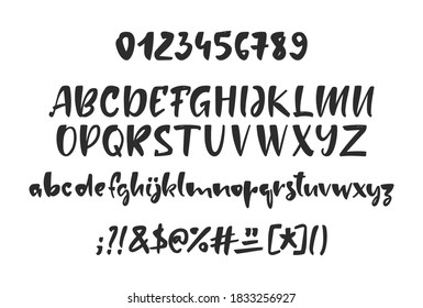 Vector illustration: Hand drawn brush Font. English Alphabet letters with Numbers and punctuation.