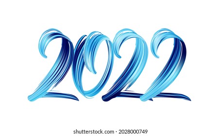 Vector illustration: Hand drawn brush stroke blue color paint lettering of 2022. Happy New Year