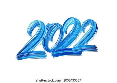 Vector illustration: Hand drawn brush stroke blue paint lettering of 2022. Happy New Year 