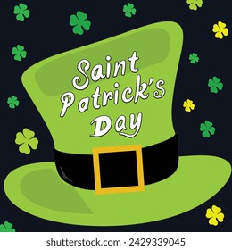 Vector illustration: Hand drawn brush lettering composition of St. Patrick's Day on leprechaun hat on dark blue background. Typography design.