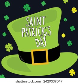 Vector illustration: Hand drawn brush lettering composition of St. Patrick's Day on leprechaun hat on dark blue background. Typography design.