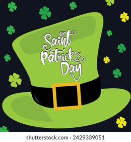 Vector illustration: Hand drawn brush lettering composition of St. Patrick's Day on leprechaun hat on dark blue background. Typography design.