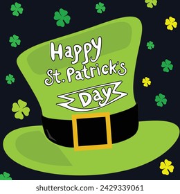 Vector illustration: Hand drawn brush lettering composition of St. Patrick's Day on leprechaun hat on dark blue background. Typography design.