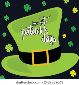 Vector illustration: Hand drawn brush lettering composition of St. Patrick's Day on leprechaun hat on dark blue background. Typography design.